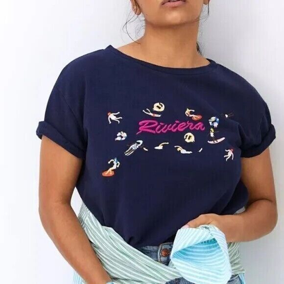 Maeve Anthropologie Riviera Dark Blue Short Sleeve Top Swimmers Small - Picture 1 of 5